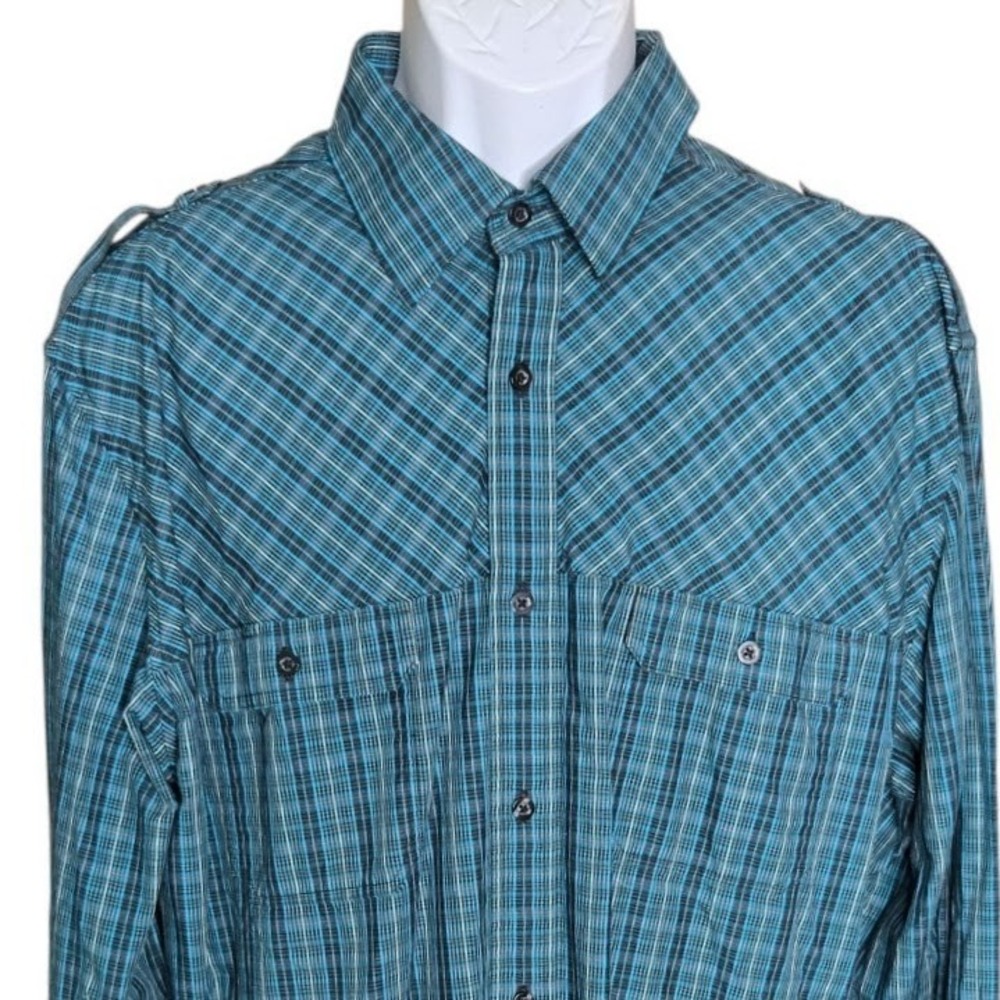 Alfani Mens Utility Plaid Shirt Size XL Workwear Teal Blue Epaulet Dual Pocket - Picture 2 of 8
